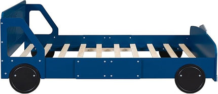 Full Size Car-Shaped Platform Bed with Wheels,Wood Bedframe W/Rails on Both Sides & Slat Support,No Box Spring Needed,Fun Play for Boys Kids Toddlers Child's Bedroom,Blue - LeafyLoom