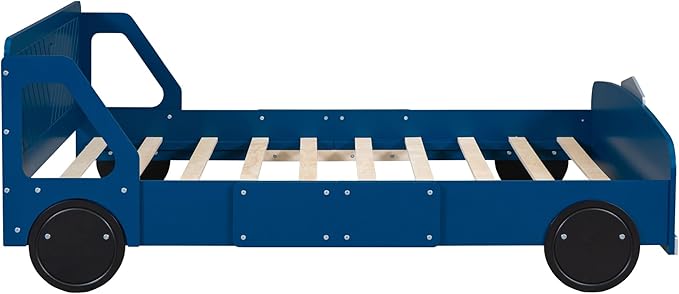 Full Size Car-Shaped Platform Bed with Wheels,Wood Bedframe W/Rails on Both Sides & Slat Support,No Box Spring Needed,Fun Play for Boys Kids Toddlers Child's Bedroom,Blue - LeafyLoom