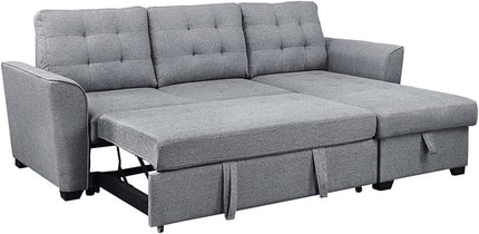 90.5" L Shaped Sectional Sleeper Sofa with Reversible Storage Chaise, Linen Couch Pull Out Bed for Living Room, Small Space, Apartment, Light Gray - LeafyLoom