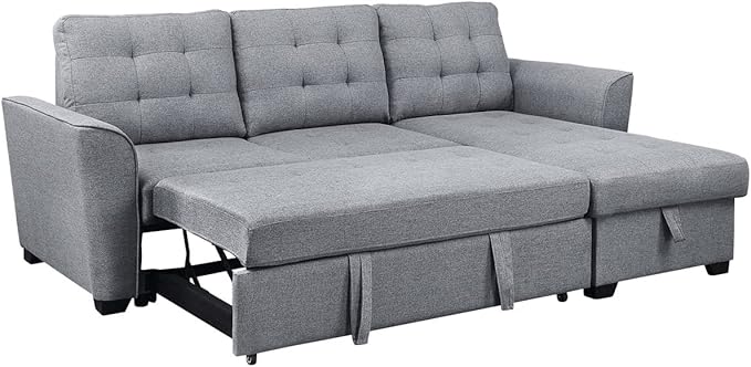 90.5" L Shaped Sectional Sleeper Sofa with Reversible Storage Chaise, Linen Couch Pull Out Bed for Living Room, Small Space, Apartment, Light Gray - LeafyLoom