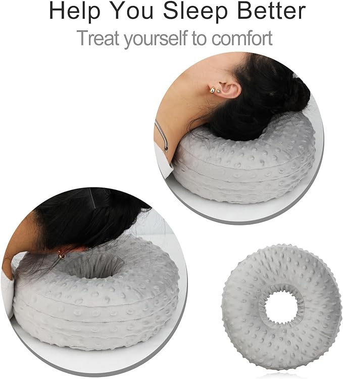 Washable Ear Piercing Pillow with Removable Pillowcase Donut Pillows Hole for Ear Pain Relief CNH Sleeping Pressure Sore Side Sleepers Ear Guard Protector, Minky Dot Gray Cover - LeafyLoom