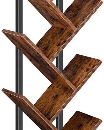 HOOBRO Tree Bookshelf, 9-Tier Bookcase Wooden Shelves, Floor Standing Storage Rack, for Display of CDs, Books in Living Room, Home Office, Wood Storage Rack for Bedroom, Rustic Brown BF08SJ01G1 - LeafyLoom