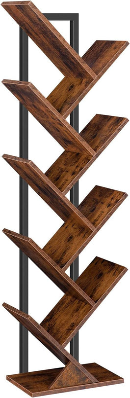 HOOBRO Tree Bookshelf, 9-Tier Bookcase Wooden Shelves, Floor Standing Storage Rack, for Display of CDs, Books in Living Room, Home Office, Wood Storage Rack for Bedroom, Rustic Brown BF08SJ01G1 - LeafyLoom