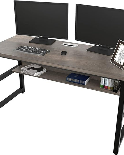 TOPSKY Computer Desk with Bookshelf/Metal Hole Cable Cover 1.18" Thick Desk (55", Espresso Gray) - LeafyLoom