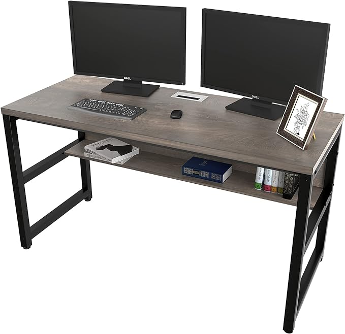 TOPSKY Computer Desk with Bookshelf/Metal Hole Cable Cover 1.18" Thick Desk (55", Espresso Gray) - LeafyLoom