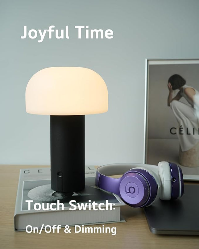 Outdoor Mushroom Table Lamp Rechargeable, Cordless Lamps for Patio Waterproof, Portable Battery Operated Lamp with USB Charging, Touch Dimming Night Light for Home/Porch/Restaurant (Black) - LeafyLoom