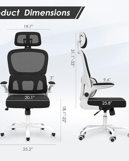 Soohow Ergonomic Home Office Chair, Mesh Desk Chair with Lumbar Support, Comfy Computer Desk Chair with Flip Armrest Rolling Wheels, Adjustable Headrest, White. - LeafyLoom