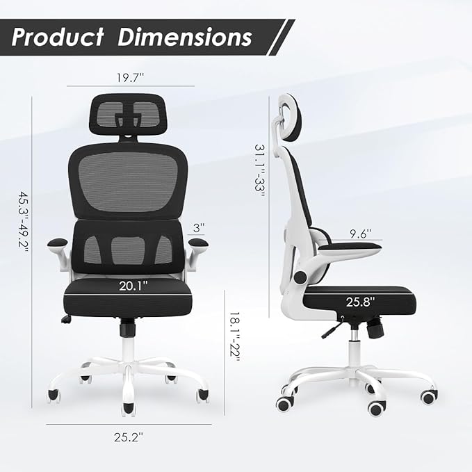 Soohow Ergonomic Home Office Chair, Mesh Desk Chair with Lumbar Support, Comfy Computer Desk Chair with Flip Armrest Rolling Wheels, Adjustable Headrest, White. - LeafyLoom