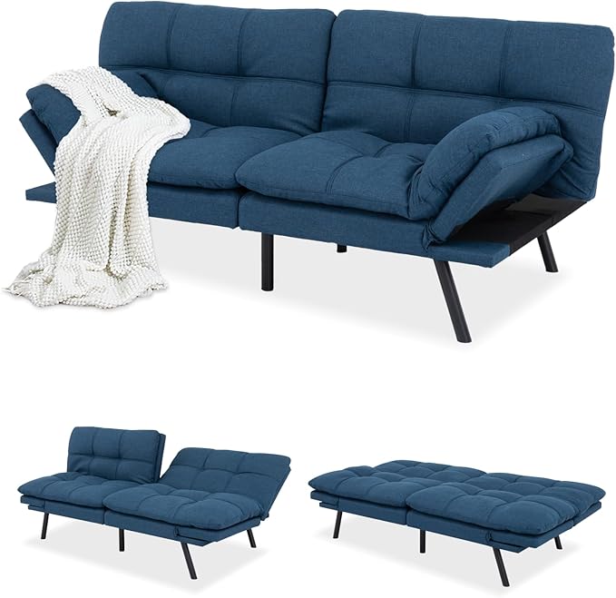 MUUEGM Futon Sofa Bed,Convertible Memory Foam Futons Couch Bed,Folding Sofa Bed Sleeper Couch Loveseat for Living Room,office,Apartment,Small Space,Adjustable Backrest Armrests,Blue - LeafyLoom