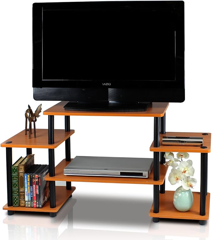 Furinno No Tools Tube Entertainment Center, Light Cherry/Black, Square Corner - LeafyLoom