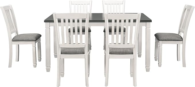 7-Piece Table Set for 6 Wood Dining&Table and 6 Upholstered Chairs with Shaped Legs for Dining Room, Gray+White - LeafyLoom