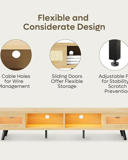 Bestier Mid Century Modern TV Stand for 75 inch TV, LED Entertainment Center with Storage and Sliding Doors, Low Profile TV Consoles for Living Room, White Maple - LeafyLoom