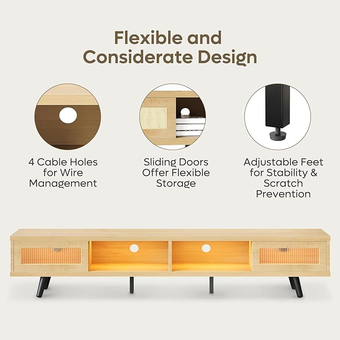 Bestier Mid Century Modern TV Stand for 75 inch TV, LED Entertainment Center with Storage and Sliding Doors, Low Profile TV Consoles for Living Room, White Maple - LeafyLoom