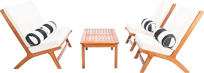 Safavieh PAT7044C Outdoor Collection Chaston Natural and Beige 4-Piece Black & White Pillows Patio Set - LeafyLoom