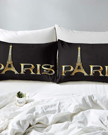 Erosebridal Eiffel Tower Comforter Set, City Building of Paris Bedding Set Twin Size, Gold Black Duvet Sets for Kids Boys Girls Teens Bedroom, Soft Microfiber Bedding Comforters with 1 Pillow Case - LeafyLoom