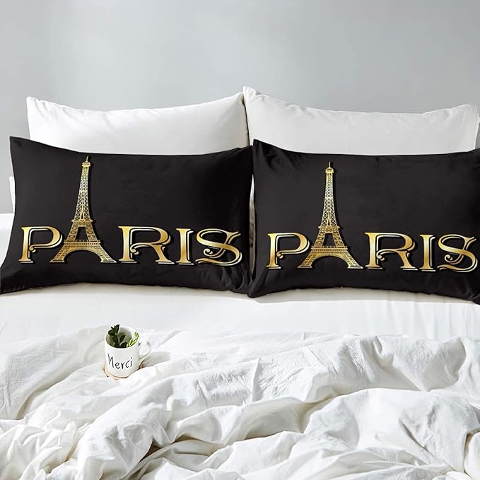 Erosebridal Eiffel Tower Comforter Set, City Building of Paris Bedding Set Twin Size, Gold Black Duvet Sets for Kids Boys Girls Teens Bedroom, Soft Microfiber Bedding Comforters with 1 Pillow Case - LeafyLoom