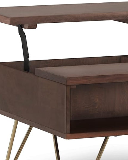 SIMPLIHOME Hunter SOLID MANGO WOOD and Metal 36 inch Wide Rectangle Industrial Contemporary Small Lift Top Coffee Table in Umber Brown And Gold, for the Living Room and Family Room - LeafyLoom