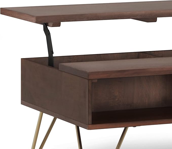 SIMPLIHOME Hunter SOLID MANGO WOOD and Metal 36 inch Wide Rectangle Industrial Contemporary Small Lift Top Coffee Table in Umber Brown And Gold, for the Living Room and Family Room - LeafyLoom