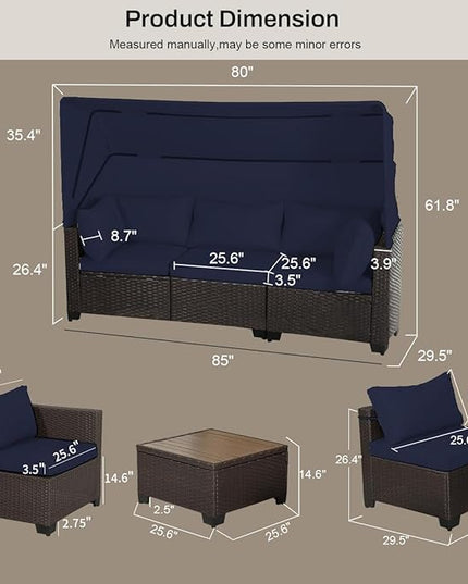 6 PCS Outdoor Patio Furniture Set,Sectional Sofa Set,Rattan Daybed with Retractable Canopy,Adjustable Backrest,Storage Coffee Table,Chaise Chair Sunbed for Garden Poolside Backyard(Navy Blue) - LeafyLoom