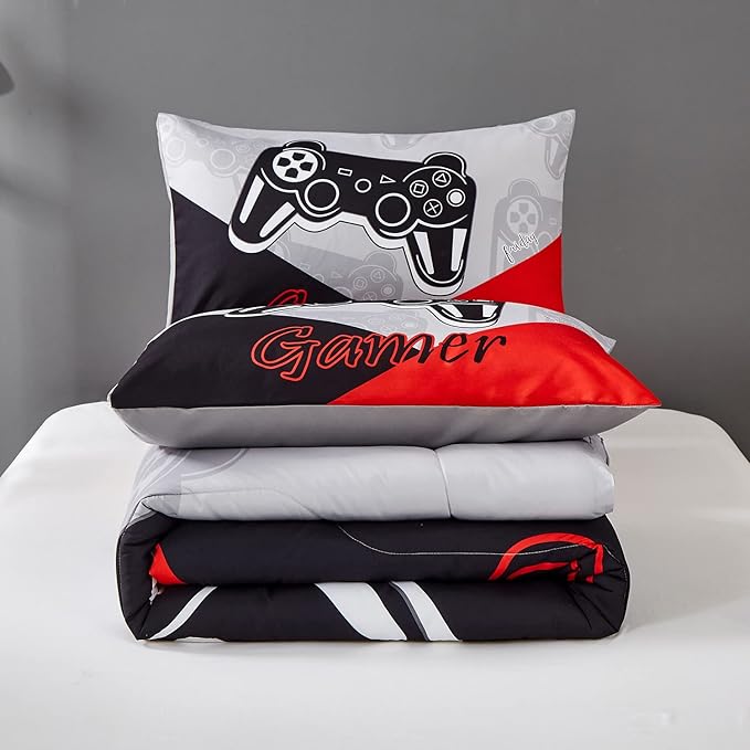 Gaming Comforter Sets for Kids Teen Boys,Video Games Controller Pattern Bedding Set for Room Decor, Full Size 3-Piece Reddish Black Gamer Comforter with 2 Pillowcases,All Season(Red,Full) - LeafyLoom