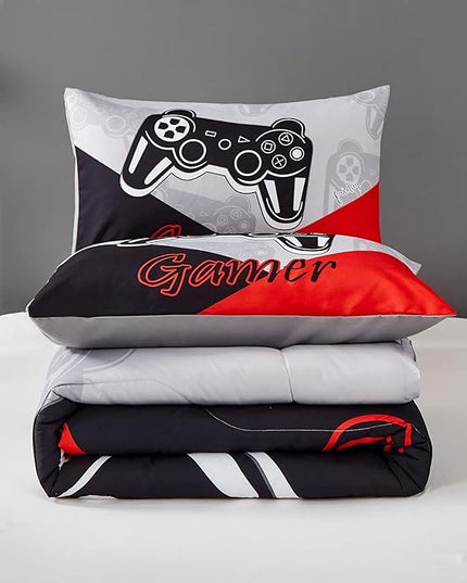 Gaming Comforter Sets for Kids Teen Boys,Video Games Controller Pattern Bedding Set for Room Decor, Queen Size 3-Piece Reddish Black Gamer Comforter with Pillowcase,All Season(Red,Queen) - LeafyLoom