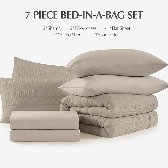 CASAAGUSTO Queen Comforter Set, 7 Pieces Oatmeal Seersucker Bed in a Bag Queen Size Soft All Seasons, Bedding Sets with Comforter, Flat Sheet, Fitted Sheet, 2 Pillow Shams, 2 Pillowcases - LeafyLoom
