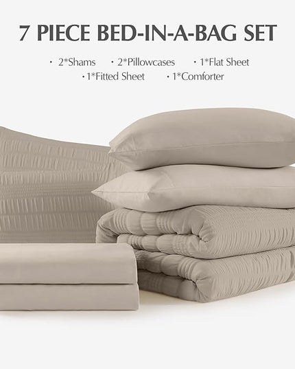 CASAAGUSTO Full Size Comforter Set, 7 Pieces Oatmeal Seersucker Bed in a Bag Full Size Soft All Seasons, Bedding Sets Full with Comforter, Flat Sheet, Fitted Sheet, 2 Pillow Shams, 2 Pillowcases - LeafyLoom