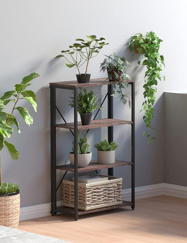 Bookshelf,4-Tier Folding Bookcase,Industrial Book Shelf,Rustic Wood Storage Shelves,Tall Bookshelf,Shelves For Bedroom,Office,Kitchen,Living Room,Study Room,No Assembly Folding Bookshelf,Black - LeafyLoom