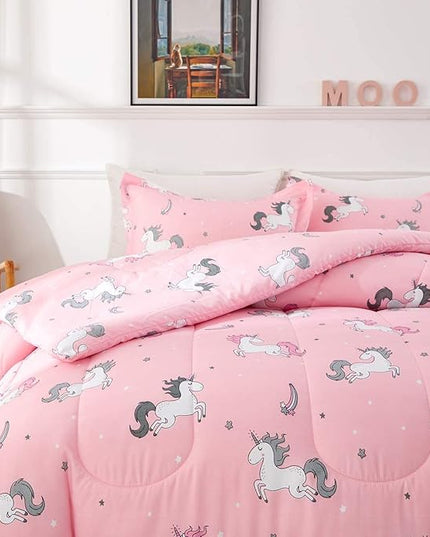UOZZI BEDDING Bed in a Bag 7 Pieces King Size Unicorn Pink with Rainbow Star - Soft Microfiber, Reversible Bed Comforter Set (1 Comforter, 2 Pillow Shams, 1 Flat Sheet, 1 Fitted Sheet, 2 Pillowcases) - LeafyLoom