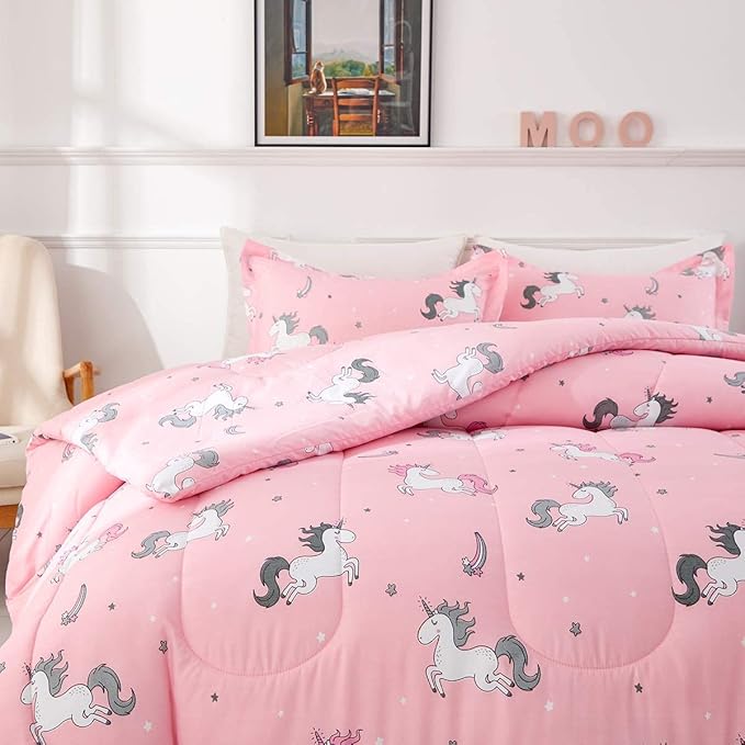 UOZZI BEDDING Bed in a Bag 7 Pieces King Size Unicorn Pink with Rainbow Star - Soft Microfiber, Reversible Bed Comforter Set (1 Comforter, 2 Pillow Shams, 1 Flat Sheet, 1 Fitted Sheet, 2 Pillowcases) - LeafyLoom