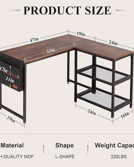 VECELO L Shaped Computer Gaming Corner Desk with Storage Bag and Shelf Home Office Table for Study Writing Room, Small Space Workstation, Rustic Brown - LeafyLoom