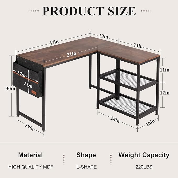 VECELO L Shaped Computer Gaming Corner Desk with Storage Bag and Shelf Home Office Table for Study Writing Room, Small Space Workstation, Rustic Brown - LeafyLoom