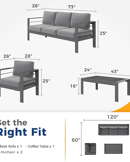 Wisteria Lane Aluminum Outdoor Patio Furniture Set, Modern Patio Conversation Sets, Outdoor Sectional Metal Sofa with 5 Inch Cushion and Coffee Table for Balcony, Garden, Dark Grey - LeafyLoom