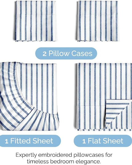Cal King Size 4 Piece Sheet Set - Comfy Breathable & Cooling Sheets - Hotel Luxury Bed Sheets for Women & Men - Deep Pockets, Easy-Fit, Soft & Wrinkle Free Sheets - Blue Stripes Oeko-Tex Bed Sheet Set - LeafyLoom