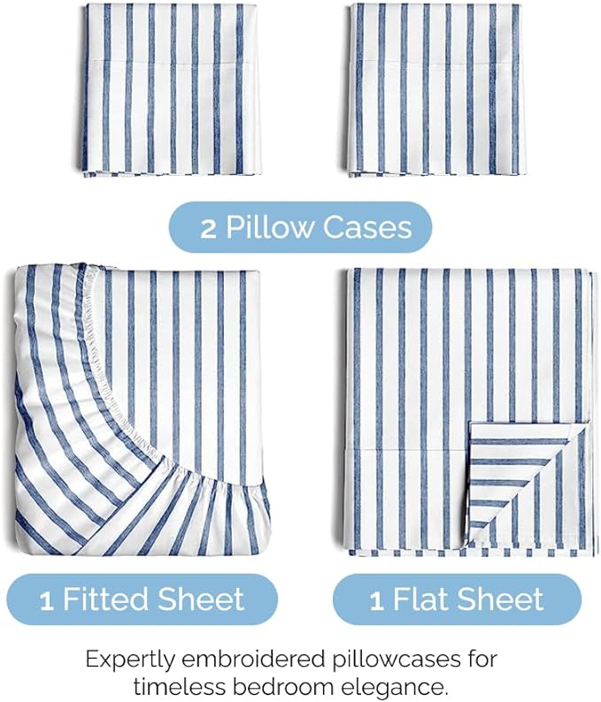 Cal King Size 4 Piece Sheet Set - Comfy Breathable & Cooling Sheets - Hotel Luxury Bed Sheets for Women & Men - Deep Pockets, Easy-Fit, Soft & Wrinkle Free Sheets - Blue Stripes Oeko-Tex Bed Sheet Set - LeafyLoom