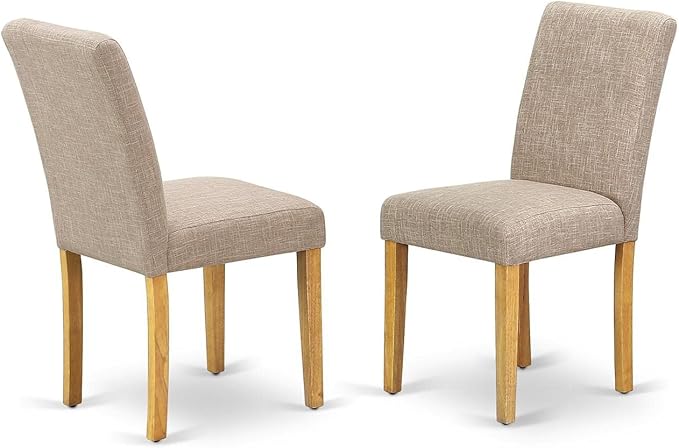 East West Furniture DLAB5-OAK-04 5 Piece Dinette Set for 4 Includes a Round Dining Room Table with Dropleaf and 4 Light Tan Linen Fabric Parsons Dining Chairs, 42x42 Inch, Oak - LeafyLoom
