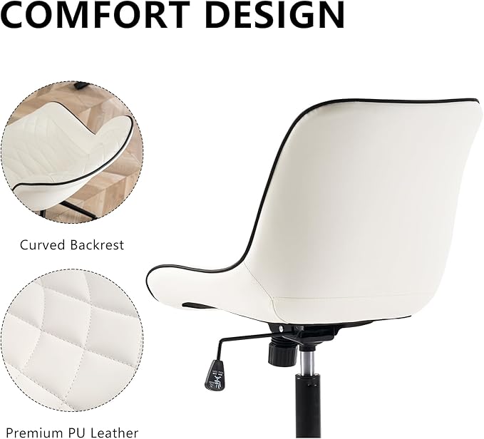 YOUNIKE Office Chair with Wheels Armless Desk Chair Swivel Rolling Task Chair with Back Upholstered Faux Leather Computer Chair Height Adjustable Modern Ergonomic Wide Seat White - LeafyLoom