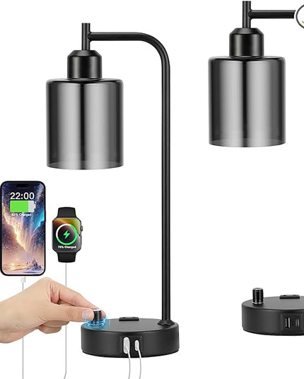 Industrial Desk Lamps for Office Set of 2 - Fully Dimmable Bedside Lamps with USB A C Ports and Outlet, Black Nightstand Lamps with Grey Glass Shade for Living Room, Table Lamps for Bedrooms Reading - LeafyLoom