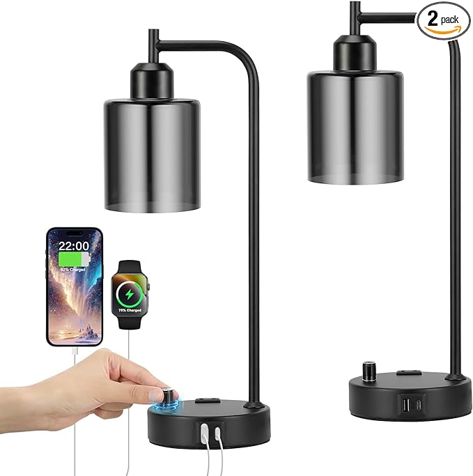 Industrial Desk Lamps for Office Set of 2 - Fully Dimmable Bedside Lamps with USB A C Ports and Outlet, Black Nightstand Lamps with Grey Glass Shade for Living Room, Table Lamps for Bedrooms Reading - LeafyLoom