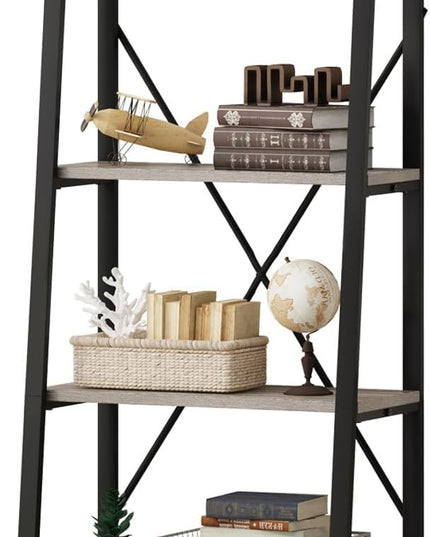 BON AUGURE Rustic Ladder Bookshelf, 4 Tier Industrial Ladder Shelf Bookcase, Standing Leaning Book Shelves for Living Room (Dark Gray Oak) - LeafyLoom