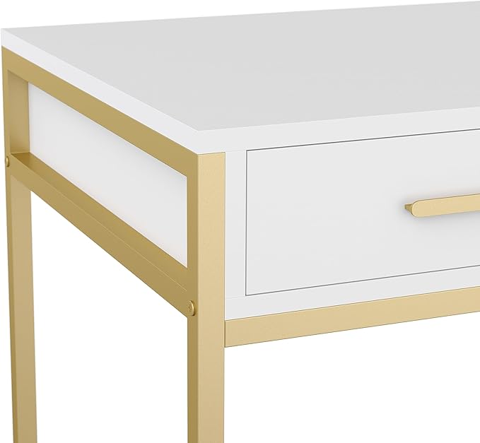 Martha Stewart Ollie Home Office Desk with 3 Drawers in White with Polished Brass Hardware - LeafyLoom