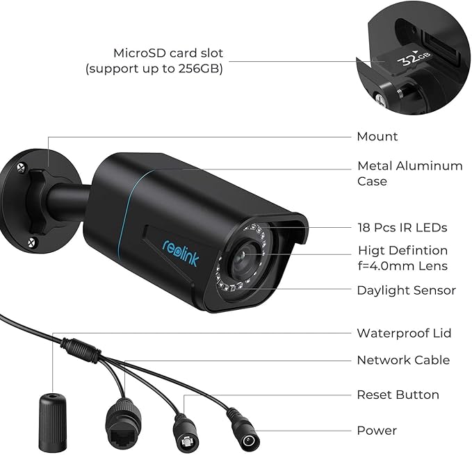 REOLINK 4K/8MP Security Bullet PoE IP Camera,Surveillance Outdoor Indoor,Human/Vehicle/Pet Detection,100ft IR Night Vision,Work with Smart Home,Up to 256GB microSD Card,RLC-810A(Black) REOLINK