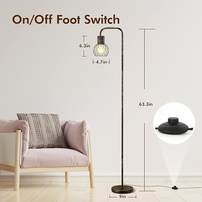 Industrial Floor Lamp, Antique Bronze Standing Lamp Modern with 6W LED Bulb, Foot Switch, Metal Tall Lamps for Living Room, Bedroom, Office, Vintage Stand Up Lamp, Minimalist Farmhouse Floor Lamp - LeafyLoom