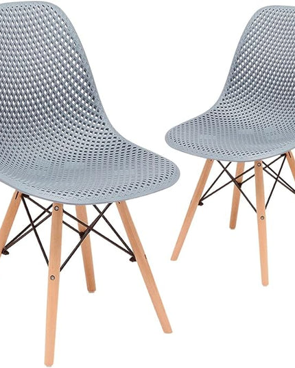 CangLong Dining Mid Century Modern Hollow Back Design Plastic Shell Armless Side Chair with Beech Wood Legs, Set of 2, Grey 1 - LeafyLoom