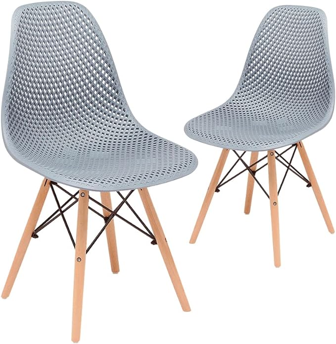 CangLong Dining Mid Century Modern Hollow Back Design Plastic Shell Armless Side Chair with Beech Wood Legs, Set of 2, Grey 1 - LeafyLoom