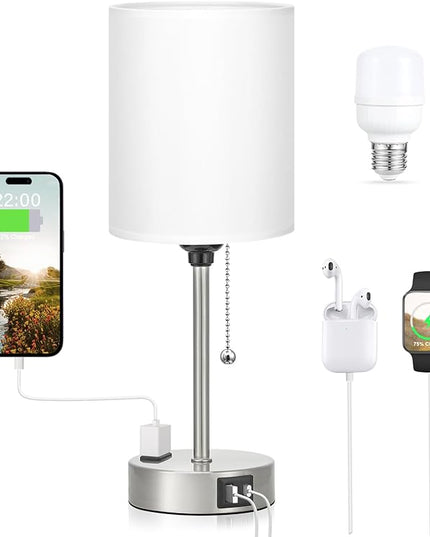 Dicoool White Bedside Lamp for Bedroom - 3 Color Temperatures Desk Lamp with USB C and A Ports, Pull Chain Table Lamp with AC Outlet, Nightstand Lamp with Silver Metal Base for Kids Girls - LeafyLoom