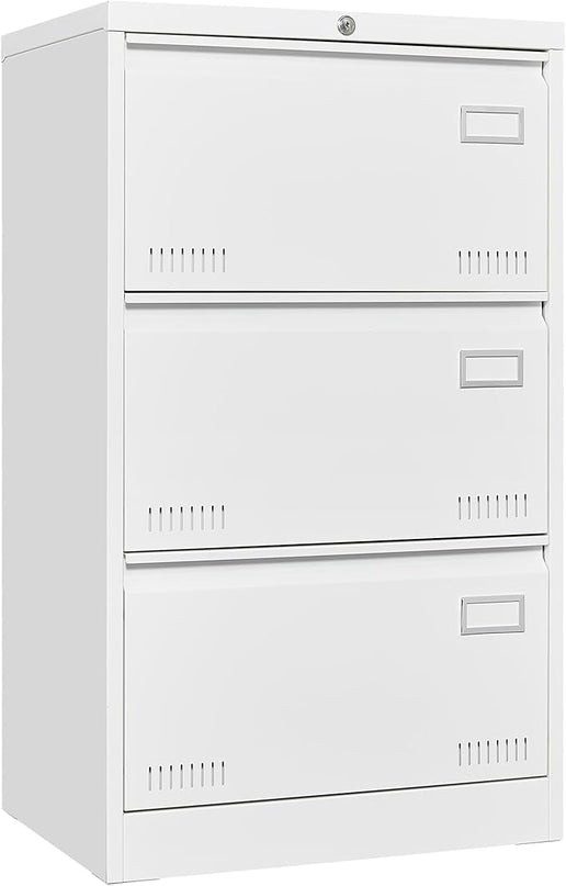 3 Drawer Lateral Lock and Card Holder, Multifunctional Metal Filing Cabinets w/Heavy 3 Section Slide Rail & Breathable Holes,for Legal/Letter/A4,White - LeafyLoom