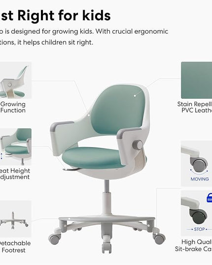 SIDIZ ringo Kids Desk Chair : Ergonomic Kids Chair with Footrest, 4-Step Growing Function, Adjustable Seat Height, Sit-Locking Casters, Swivel Type Kids Chair (Mint Green Chair) - LeafyLoom