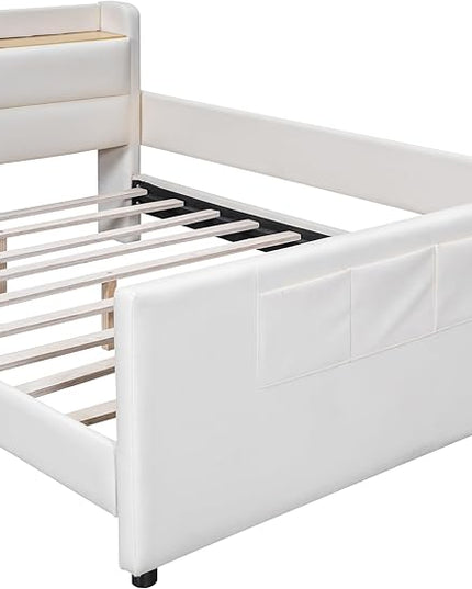 Full Size PU Upholstered Platform Storage Headboard,Footboard and 3 Pockets,Bedroom Solid Wood Bed Frame w/Security Guardrail & Slat Support,for Kids,Teen,Boys,Girls,Beige - LeafyLoom
