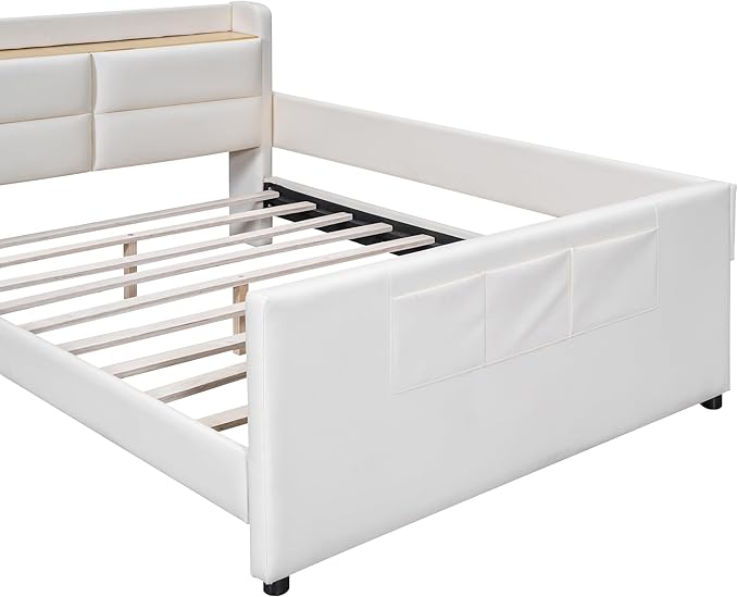 Full Size PU Upholstered Platform Storage Headboard,Footboard and 3 Pockets,Bedroom Solid Wood Bed Frame w/Security Guardrail & Slat Support,for Kids,Teen,Boys,Girls,Beige - LeafyLoom